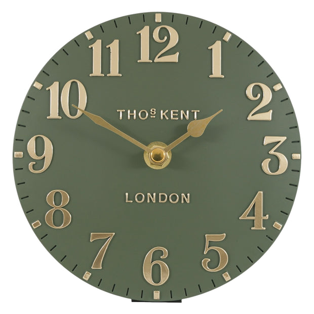 Thomas Kent 6-inch Arabic mantle clock in lichen green with a classic design, showcasing a stylish Gallery Direct clock.