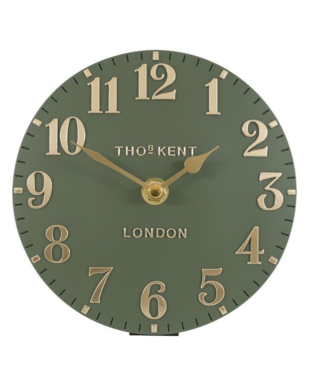 Thomas Kent 6-inch Arabic mantle clock in lichen green with a classic design, showcasing a stylish Gallery Direct clock.