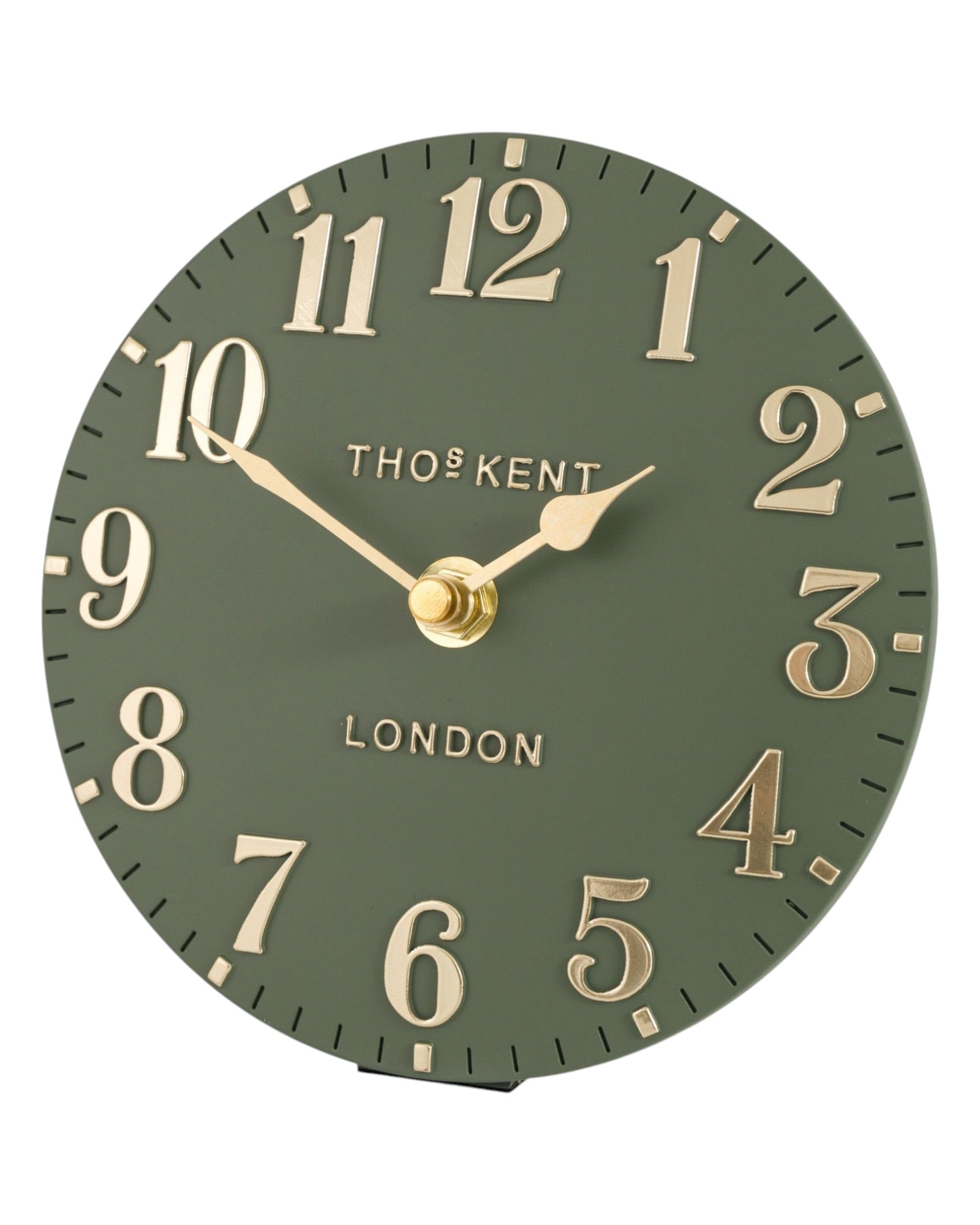 Thomas Kent 6-inch Arabic mantle clock in lichen green with a classic design, suitable for mantel or shelf display.