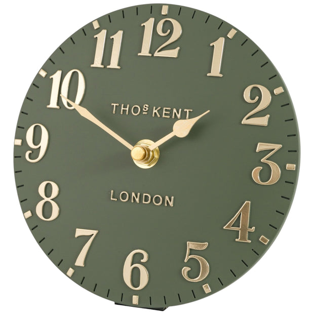 Thomas Kent 6-inch Arabic mantle clock in lichen green with a classic design, suitable for mantel or shelf display.