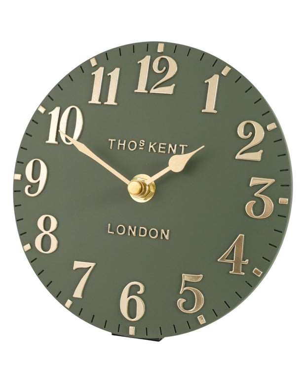 Thomas Kent 6-inch Arabic mantle clock in lichen green with a classic design, suitable for mantel or shelf display.