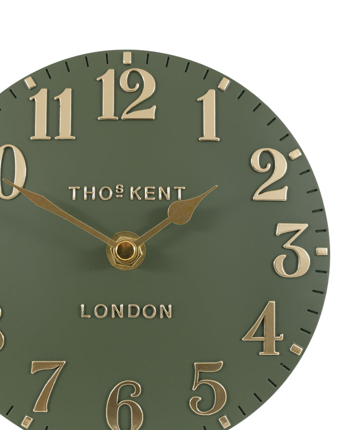 Thomas Kent 6-inch Arabic mantle clock in lichen green with a classic design, perfect for mantel or shelf display.