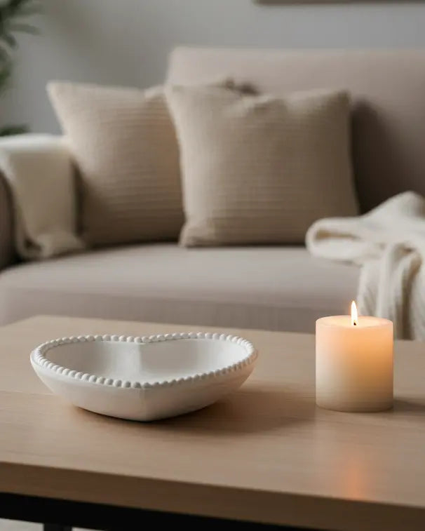 White wooden heart-shaped bobble bowl with smooth finish, designed by Heaven Sends for stylish home decor.