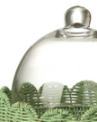 Glass cloche on footed green scalloped wicker base, decorative display dome from Heaven Sends.