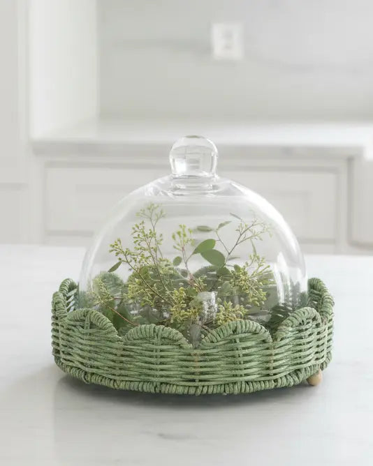 Glass cloche with green scalloped wicker base on footed stand, decorative display dome from Heaven Sends.
