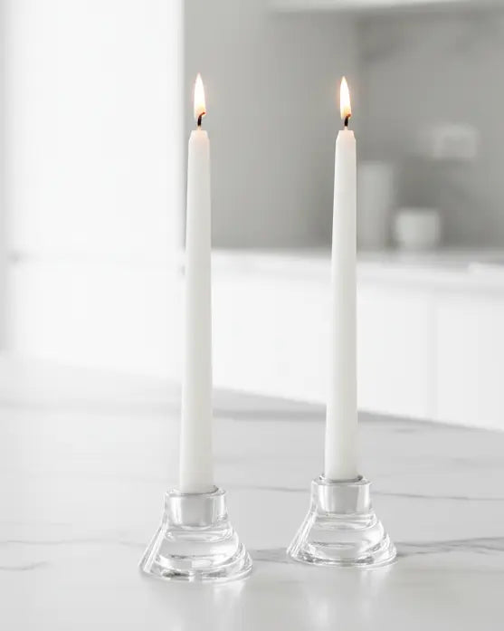 White taper dinner candle by Lulu Loves Home, tall and slender wax candle for elegant table settings.