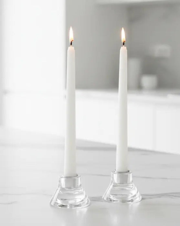 White taper dinner candle by Lulu Loves Home, tall and slender wax candle for elegant table settings.