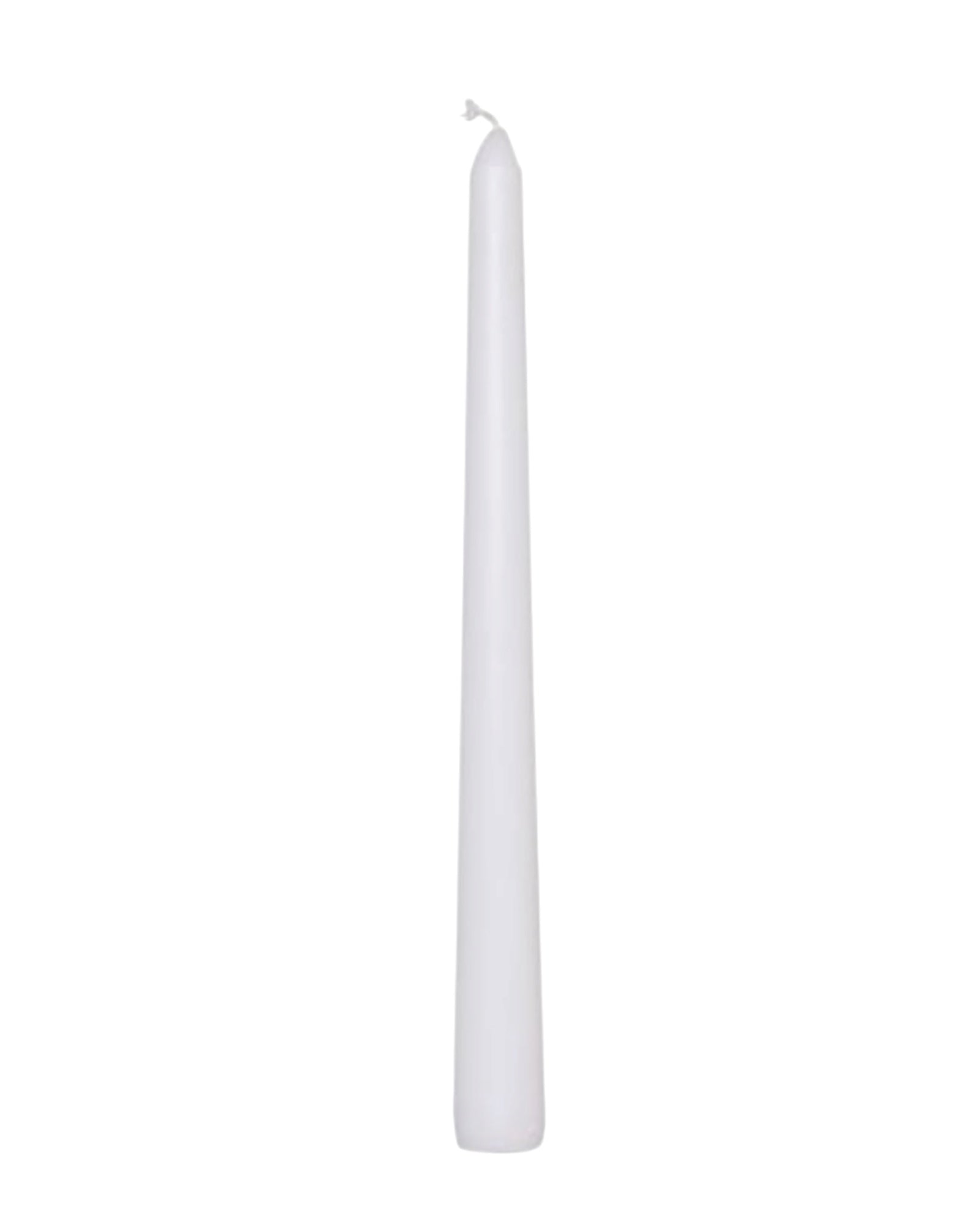White taper dinner candle by Lulu Loves Home with a tall, elegant design ready for a formal table setting.