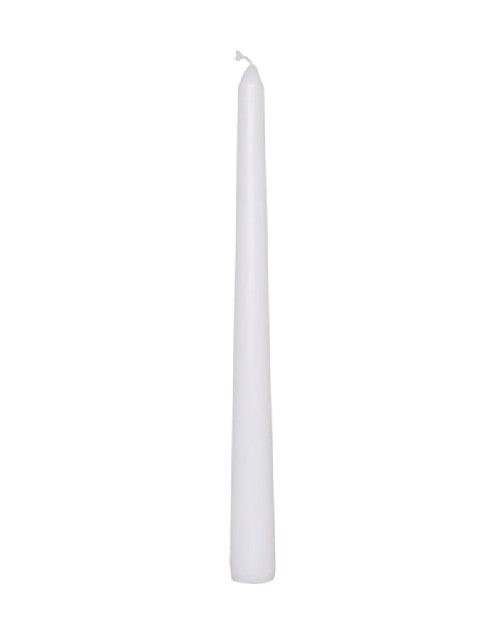 White taper dinner candle by Lulu Loves Home with a tall, elegant design ready for a formal table setting.