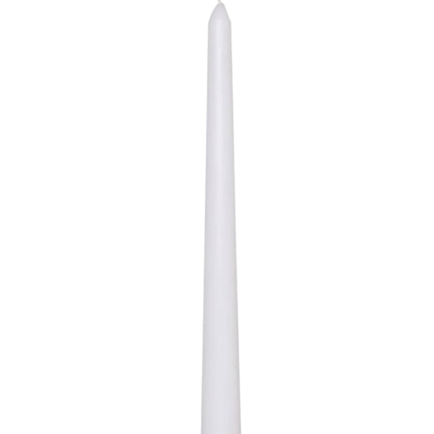 White taper dinner candle by Lulu Loves Home with a tall, elegant design ready for a formal table setting.