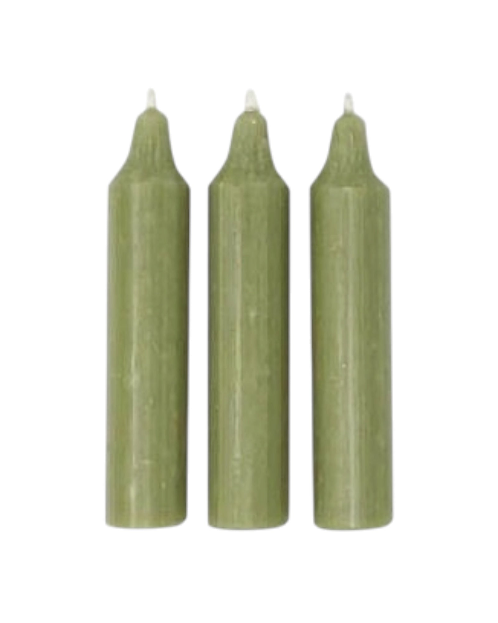 Moss green short dinner candle from Terrace & Garden Ltd, showing a sleek, cylindrical candle suitable for table settings.