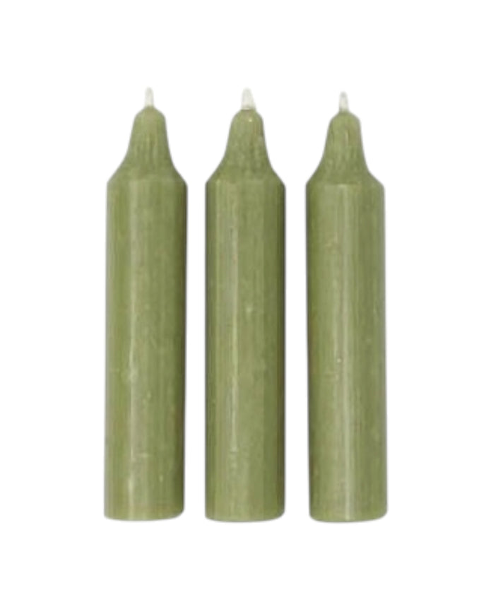 Moss green short dinner candle from Terrace & Garden Ltd, showing a sleek, cylindrical candle suitable for table settings.