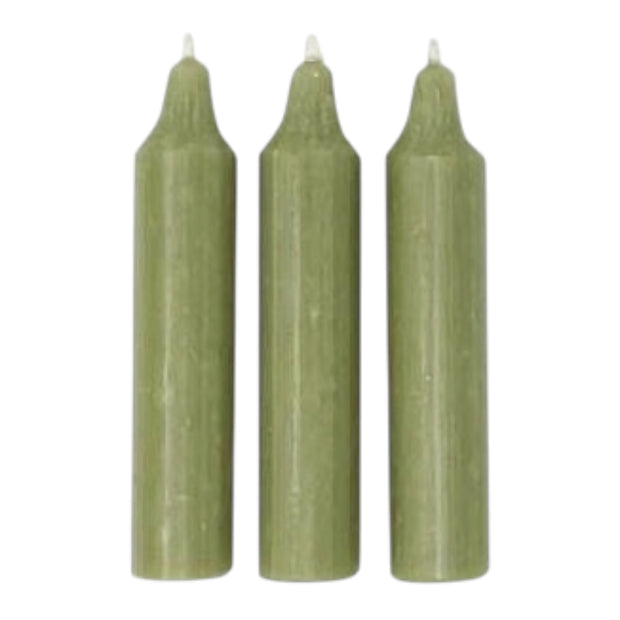 Moss green short dinner candle from Terrace & Garden Ltd, showing a sleek, cylindrical candle suitable for table settings.
