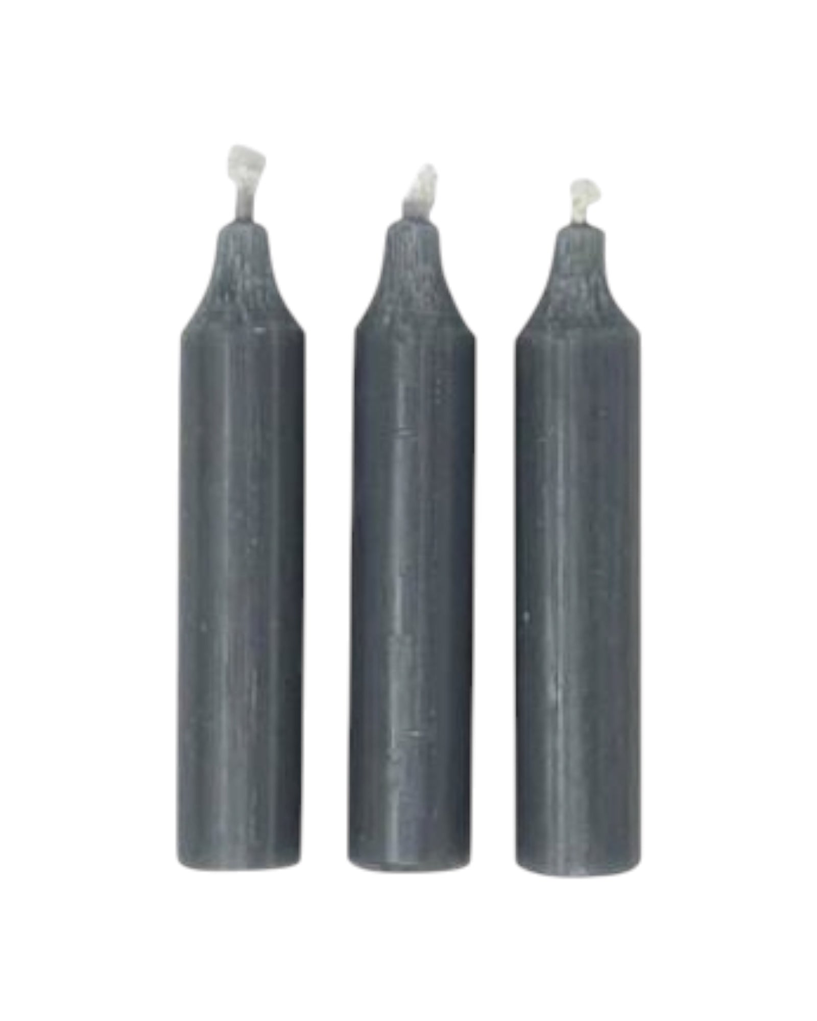 Dark grey short dinner candle from Terrace & Garden Ltd, showing a smooth wax surface and a centered wick.