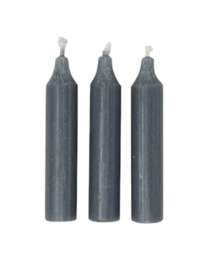 Dark grey short dinner candle from Terrace & Garden Ltd, showing a smooth wax surface and a centered wick.