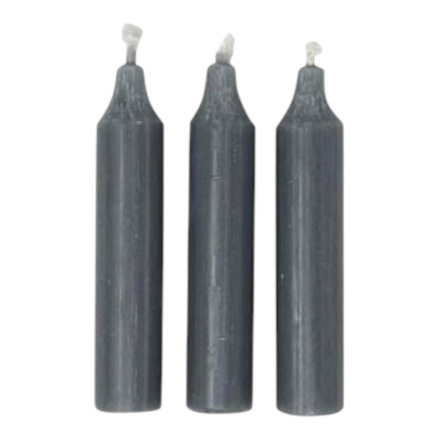 Dark grey short dinner candle from Terrace & Garden Ltd, showing a smooth wax surface and a centered wick.
