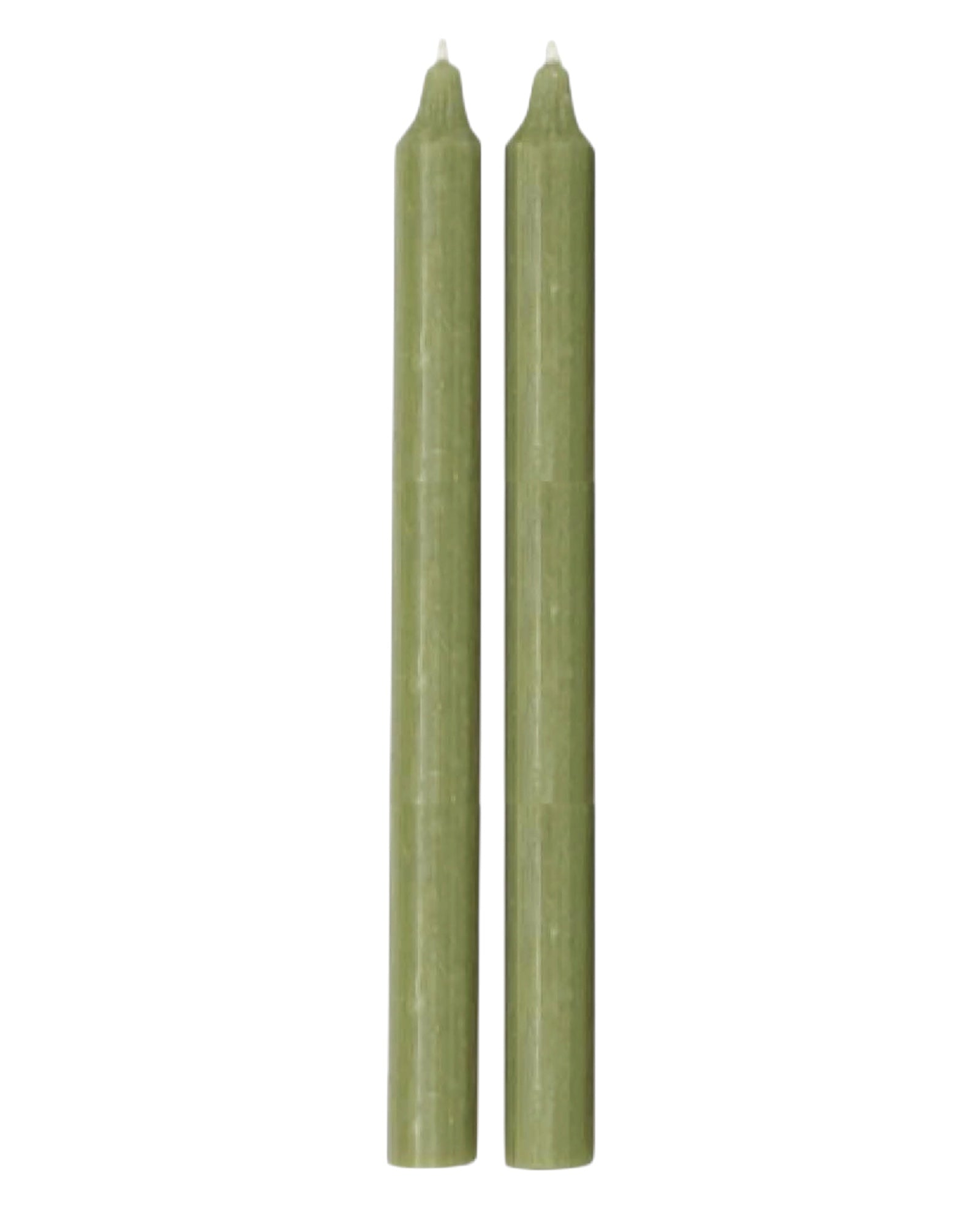 Tall moss green candle from Terrace & Garden Ltd, showcasing its elegant tapered shape and natural wax finish.