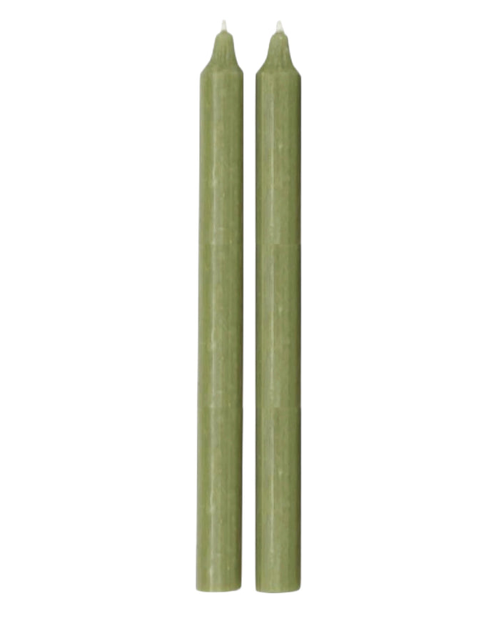 Tall moss green candle from Terrace & Garden Ltd, showcasing its elegant tapered shape and natural wax finish.