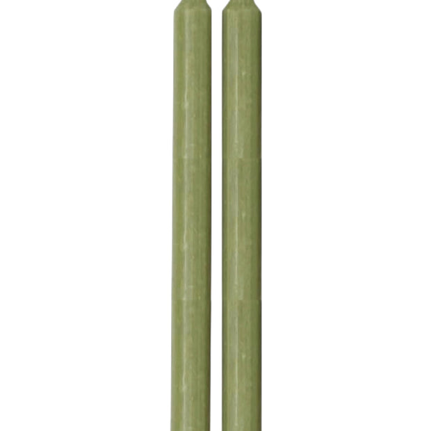 Tall moss green candle from Terrace & Garden Ltd, showcasing its elegant tapered shape and natural wax finish.
