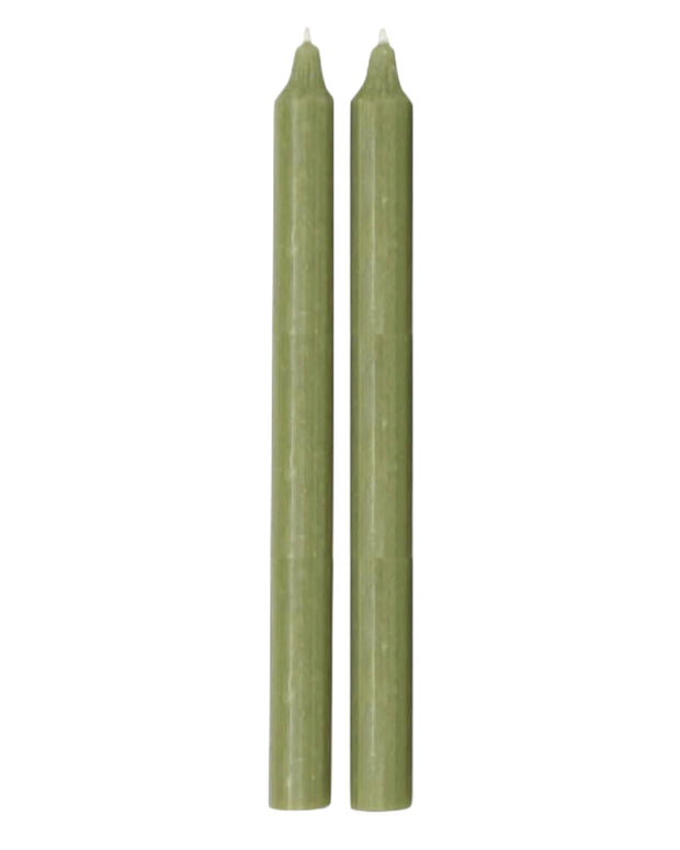 Tall moss green candle from Terrace & Garden Ltd, showcasing its elegant tapered shape and natural wax finish.