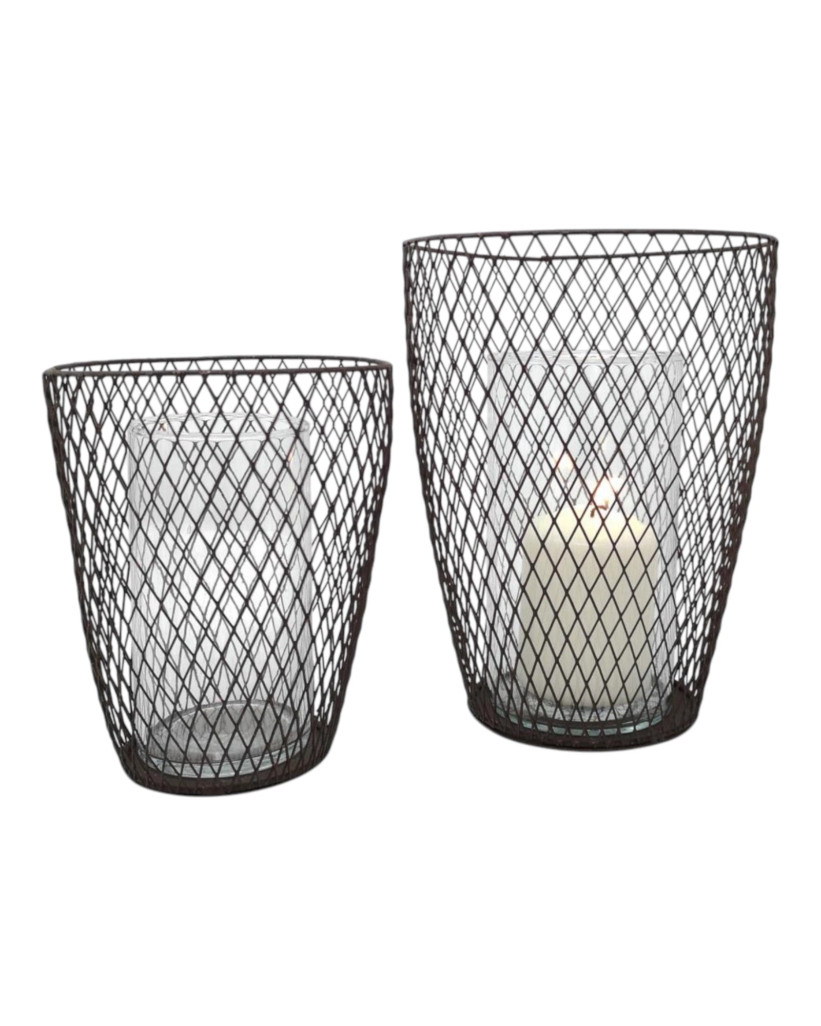 Pair of rust-colored wire hurricane candle holders from Terrace & Garden Ltd, perfect for rustic home decor.