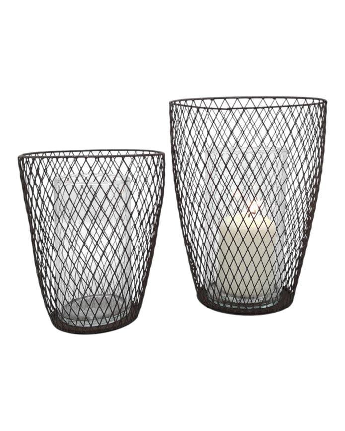 Pair of rust-colored wire hurricane candle holders from Terrace & Garden Ltd, perfect for rustic home decor.