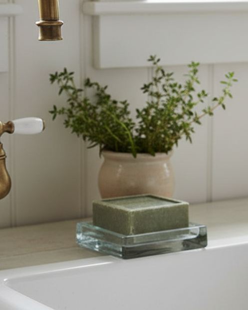 Square glass soap dish from Terrace & Garden Ltd, designed for home fragrance display with a clear, sleek glass finish.