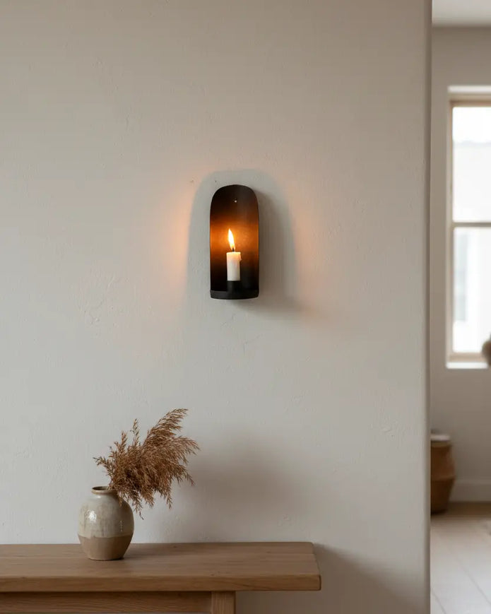 Rustic wall-mounted candle holder from Terrace & Garden Ltd, made of wood with space for a pillar candle, ideal for home decor.
