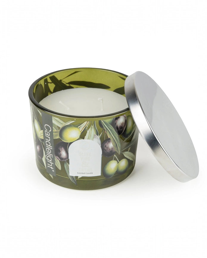 Olive vine and thyme scented candle with metal lid from Candlelight Products Ltd, showing the candle in a glass jar with lid.