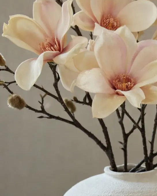 Artificial Pale Apricot Magnolia Branch Stem from Hill Interiors, showing realistic magnolia blossom and leafy stem for home decor.