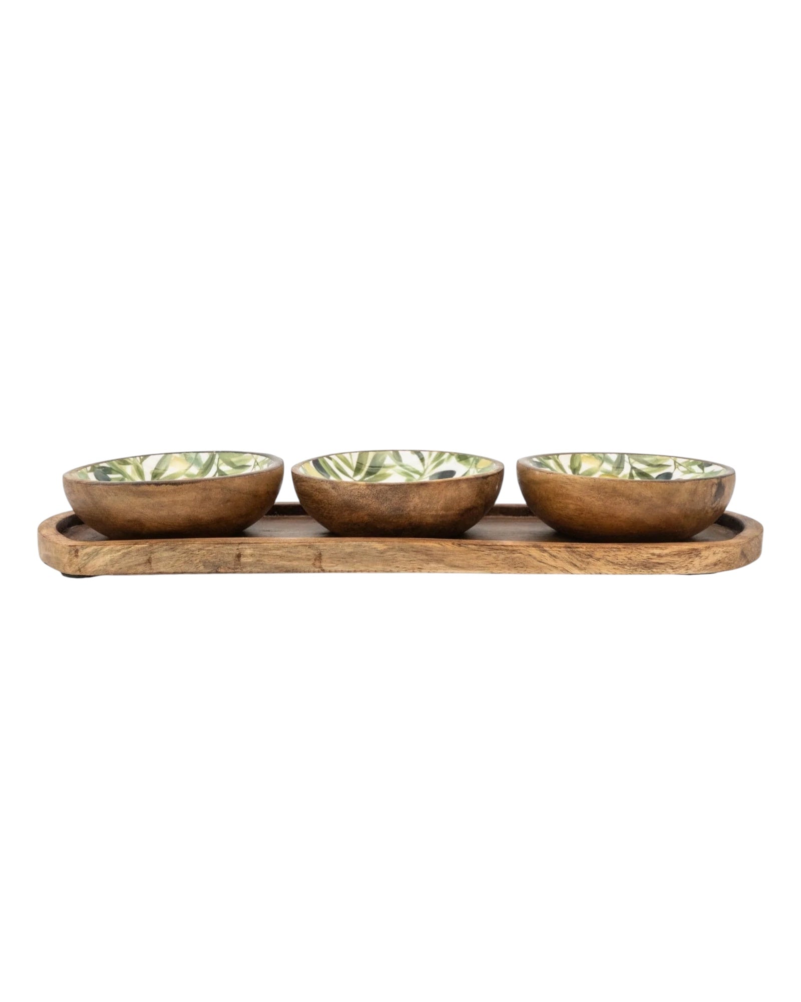 Set of olive-pattern mango wood and melamine dipping bowls for kitchen and dining, featuring stylish, durable designs.