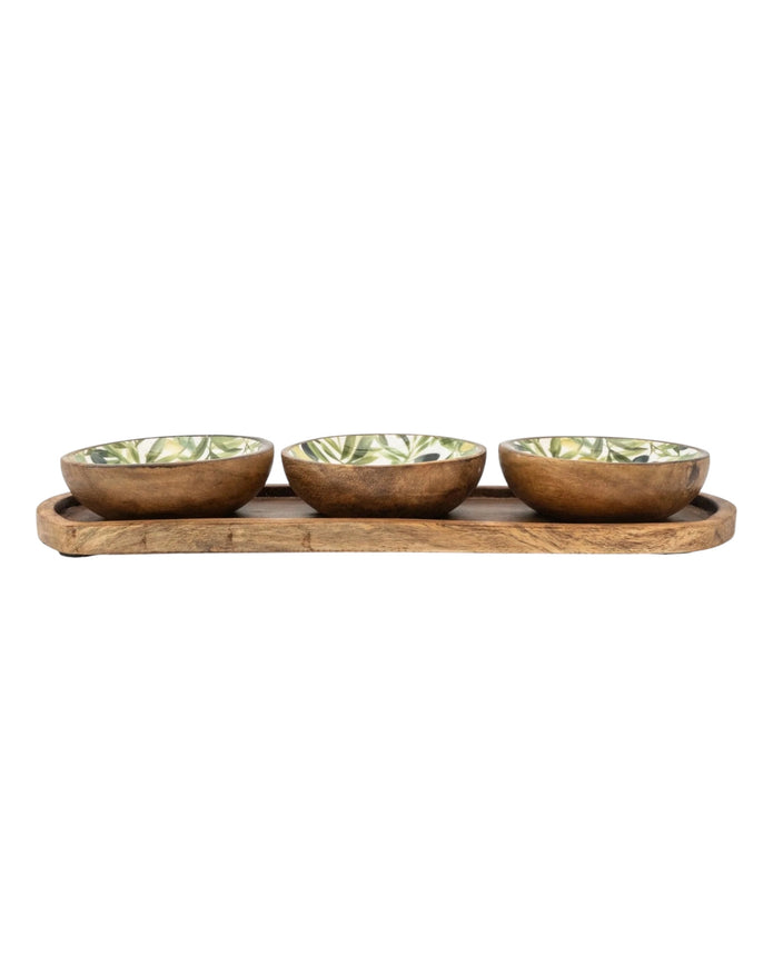 Set of olive-pattern mango wood and melamine dipping bowls for kitchen and dining, featuring stylish, durable designs.