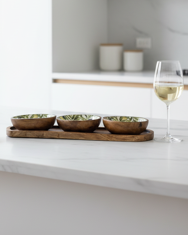 Set of olive pattern mango wood and melamine dipping bowls for kitchen and dining, by Candlelight Products Ltd