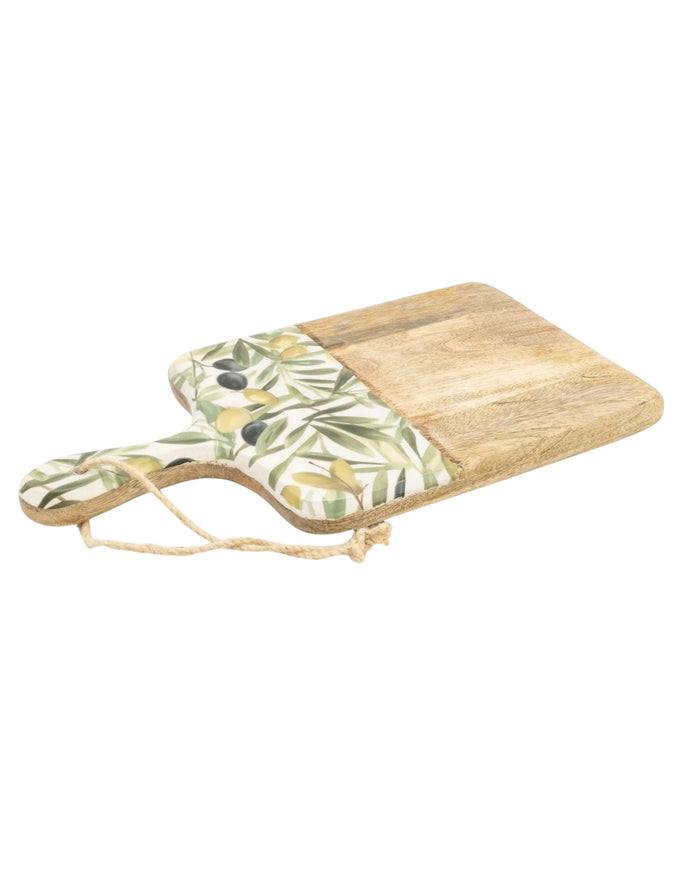 Olive pattern mango wood and melamine square chopping board for kitchen and dining, by Candlelight Products Ltd.