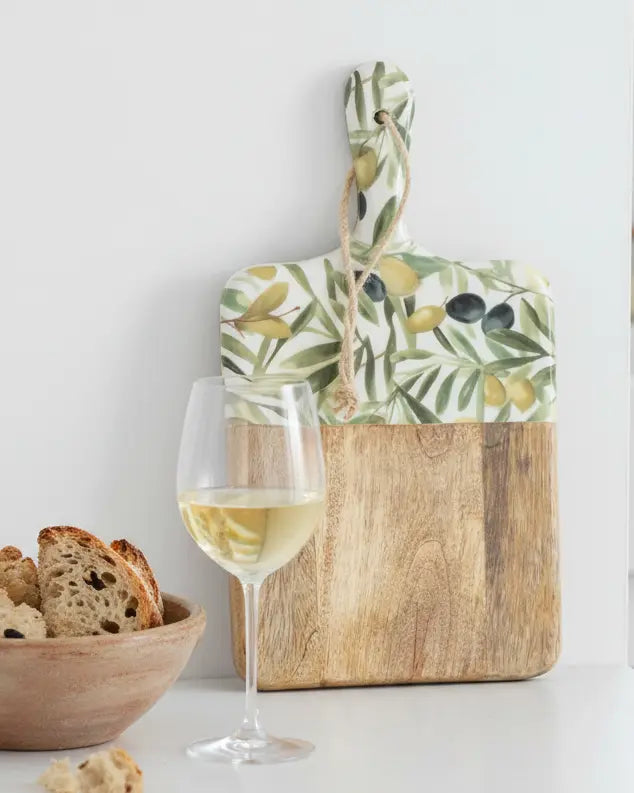Olive pattern Mango wood and melamine square chopping board for kitchen and dining, by Candlelight Products Ltd.