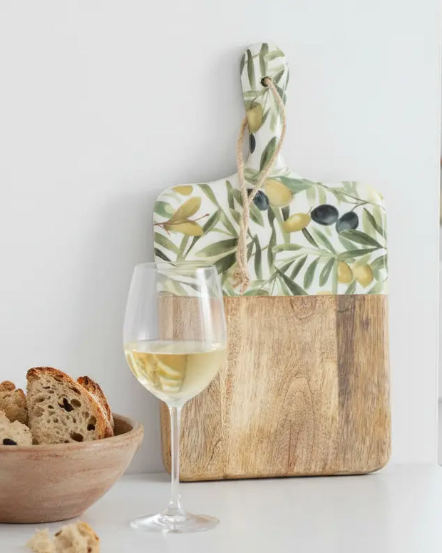 Olive pattern Mango wood and melamine square chopping board for kitchen and dining, by Candlelight Products Ltd.