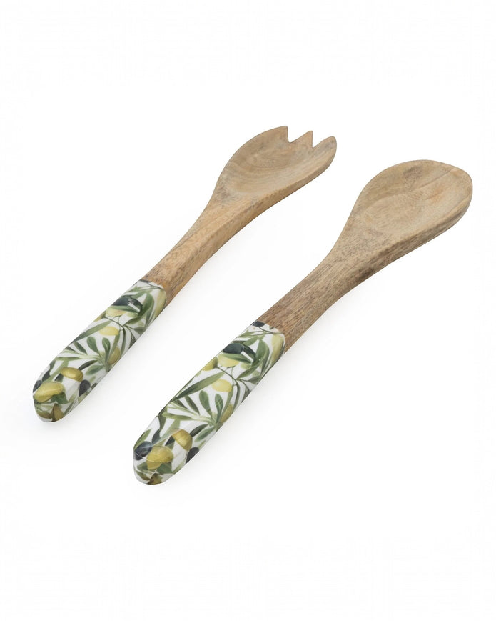 Olive pattern mango wood and melamine salad servers from Candlelight Products Ltd, featuring a stylish natural wood and olive design.