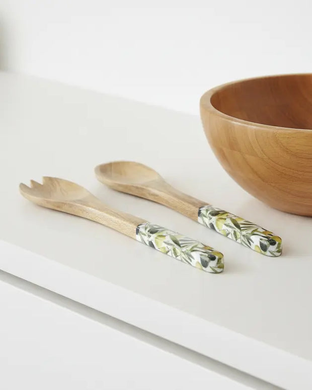 Olive pattern mango wood and melamine salad servers with a natural finish, ideal for home decor and serving salads stylishly.