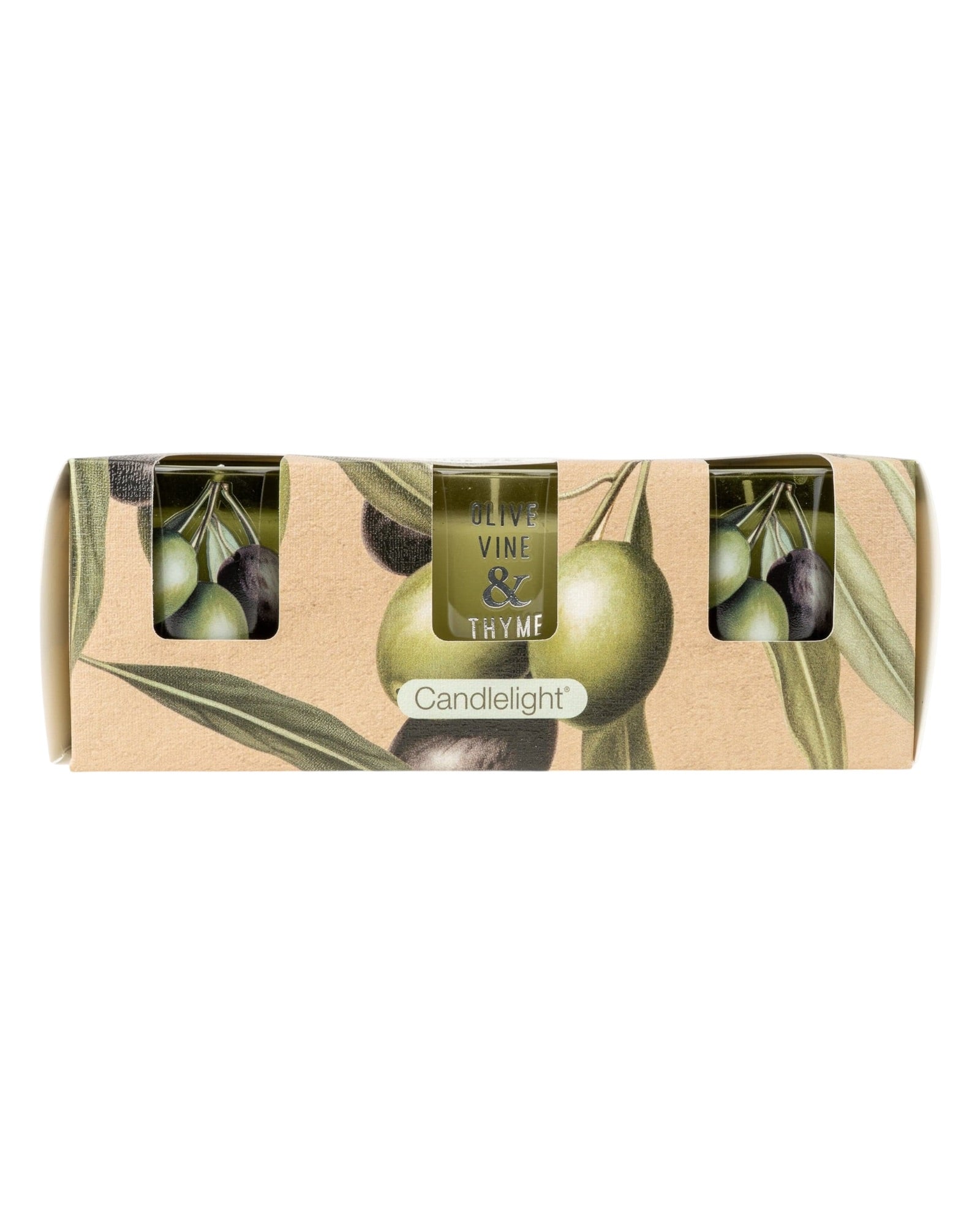 Set of 3 Olive Vine and Thyme votive candles by Candlelight Products Ltd, featuring glass holders with botanical designs.