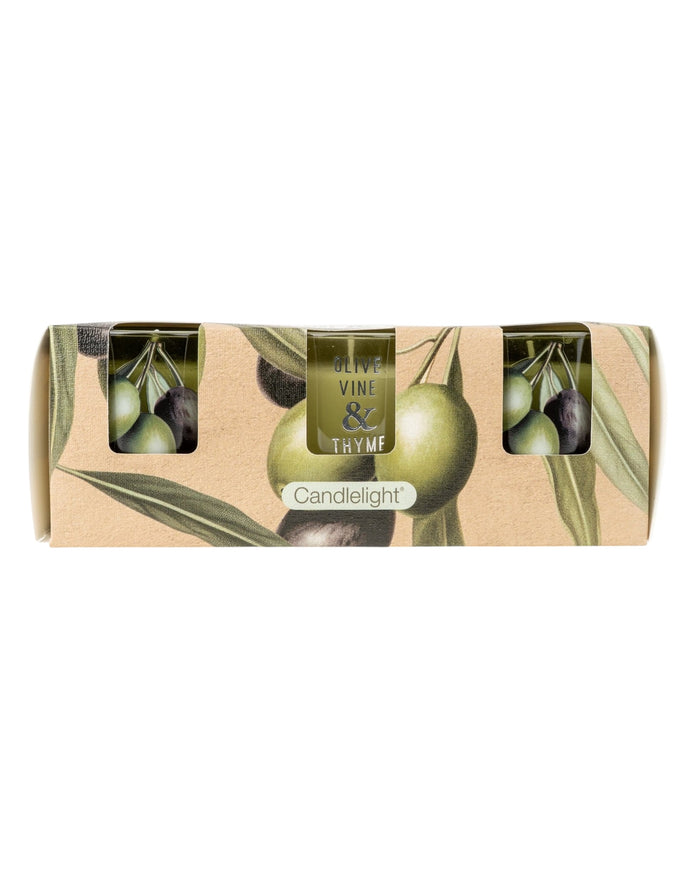 Set of 3 Olive Vine and Thyme votive candles by Candlelight Products Ltd, featuring glass holders with botanical designs.