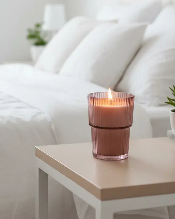 Large ridged glass candle with garden blooms plum scent by Candlelight Products Ltd, showcasing a decorative candle in a textured glass holder