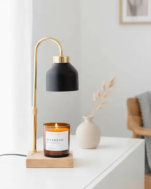 Black candle warmer lamp with shade from Starlight Express, featuring safe flameless lighting, ideal for cozy home decor.
