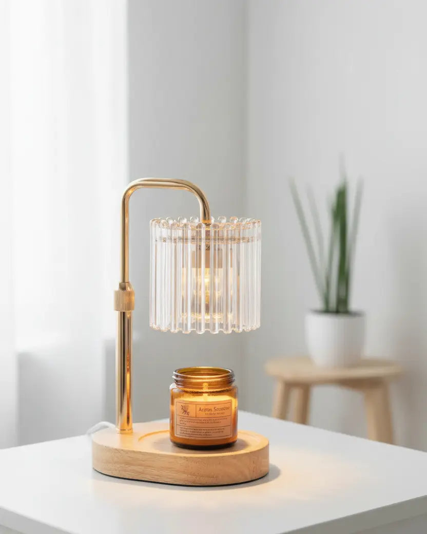 Clear glass ribbed candle warmer lamp by Starlight Express, featuring a safe flameless design and timer for cozy lighting.