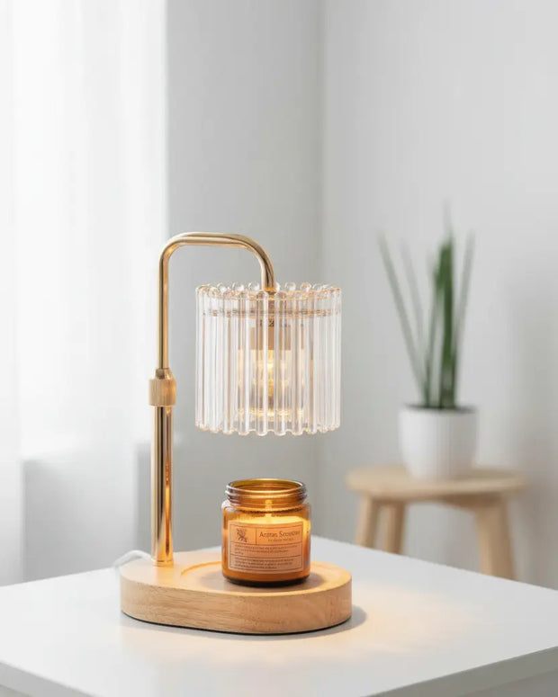 Clear glass ribbed candle warmer lamp by Starlight Express, featuring a safe flameless design and timer for cozy lighting.