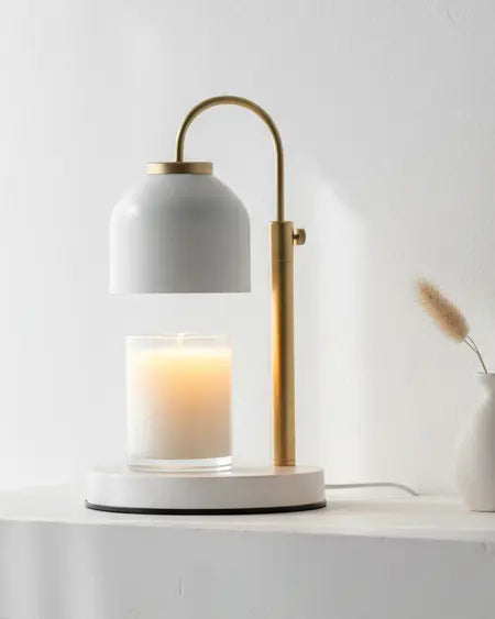 White Candle Warmer Lamp with Shade by Starlight Express, safe flameless lighting fixture with a classic design and fabric shade.