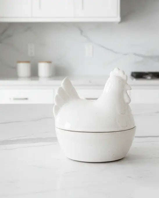 White ceramic hen egg holder with lid from Wikholmform, designed for kitchen and dining use, featuring a charming hen shape.
