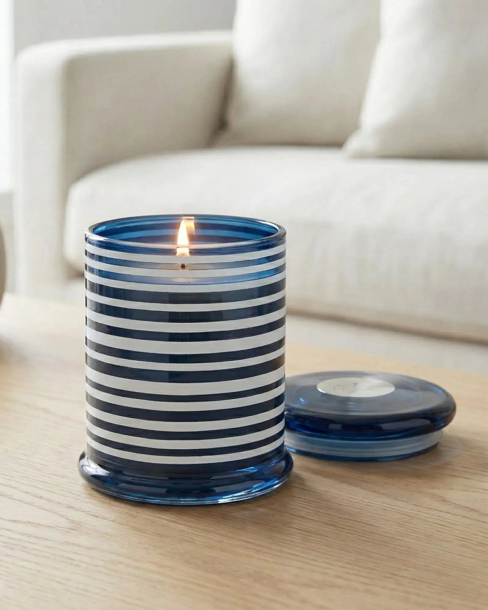 Large blue striped lidded candle by Jeff Banks from Candlelight Products Ltd, featuring a stylish design and a secure lid.