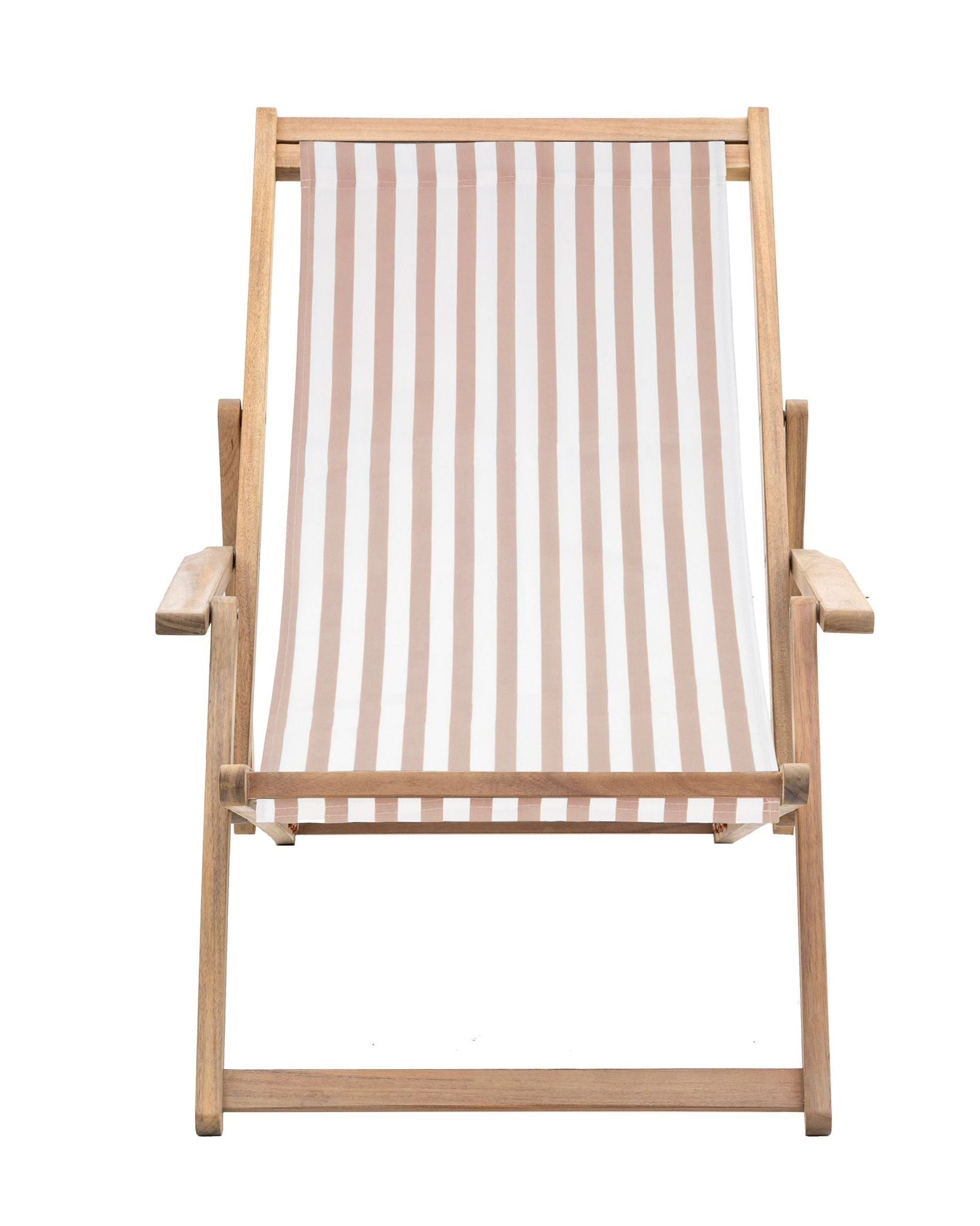 Beige Creta wooden striped garden chair by Gallery Direct, showing a stylish outdoor furniture piece with slatted design.