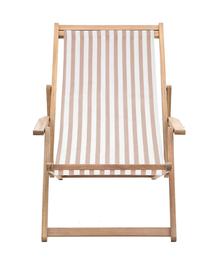 Beige Creta wooden striped garden chair by Gallery Direct, showing a stylish outdoor furniture piece with slatted design.