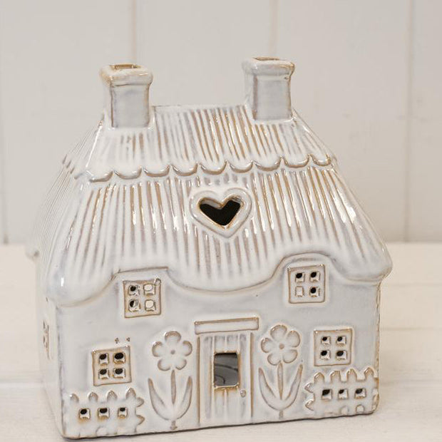 Natural Ceramic Thatch Roof House For Tealight, front view of the ceramic cottage and textured roof